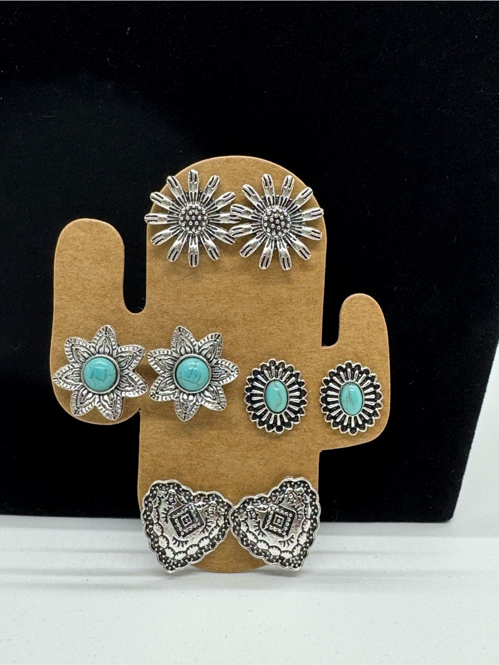 Turquoise & Silver Floral Stud Earring Set - Four Pairs
